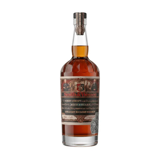 A 750ml bottle of Smith & Wesson 7 Year Straight Bourbon Whiskey from Smith & Wesson, featuring a detailed label and a wax-sealed cap, filled with amber-hued American bourbon whiskey and isolated on a white background.
