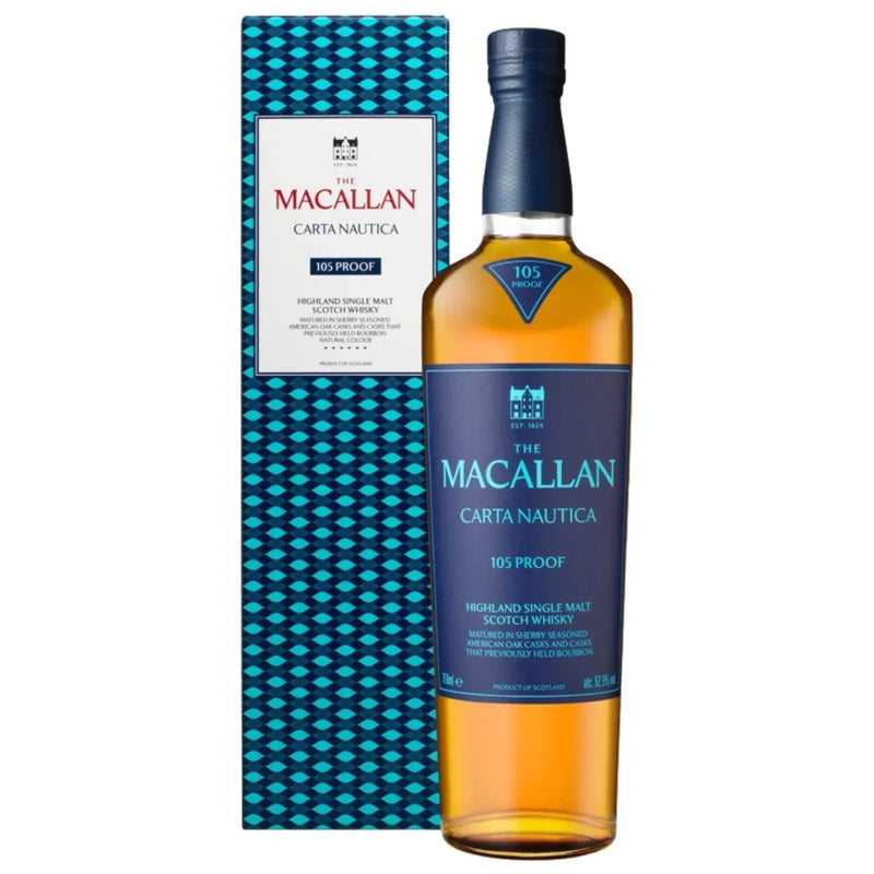 Load image into Gallery viewer, A bottle of The Macallan Carta Nautica 105 Proof Highland Single Malt Scotch Whisky standing in front of its matching blue patterned box.
