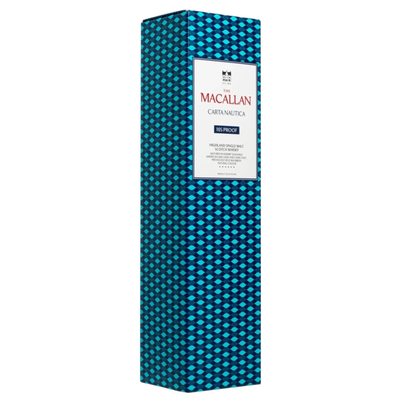 Load image into Gallery viewer, A tall, rectangular box for The Macallan Carta Nautica 105 Proof Highland Single Malt Scotch Whisky, featuring a bright blue, patterned exterior and a central white label.
