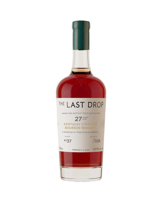 A bottle of The Last Drop Release No. 37 Buffalo Trace 27 Year Old Kentucky Straight Bourbon Whiskey (700ml), expertly crafted by Buffalo Trace, featuring a green wax-sealed top and a cream label displaying batch and bottle number details.