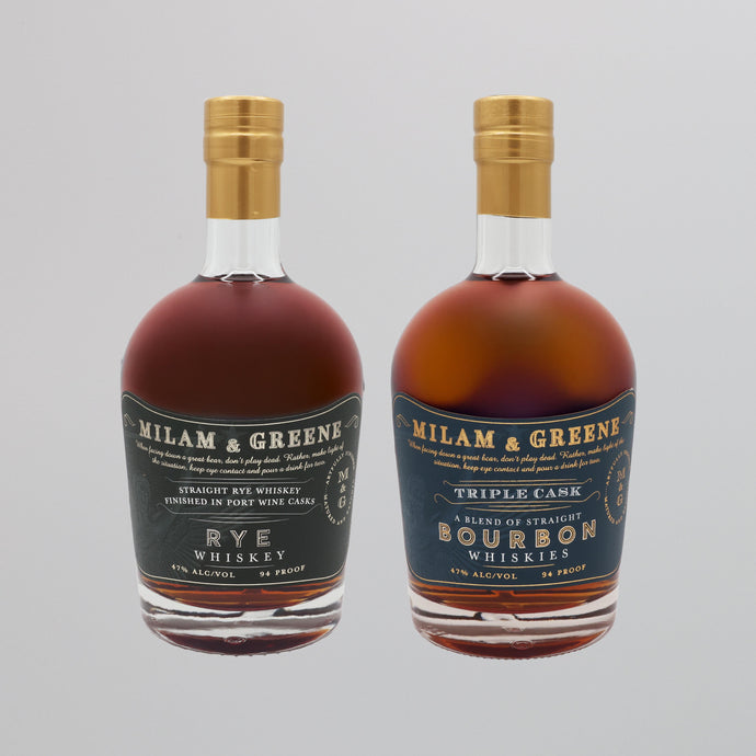 The Milam And Greene Top Selling Duo Bundle displays two bottles—Rye Whiskey and Triple Cask Bourbon—side by side, both with black labels, gold lettering, and caps, representing the acclaimed Milam And Greene brand.