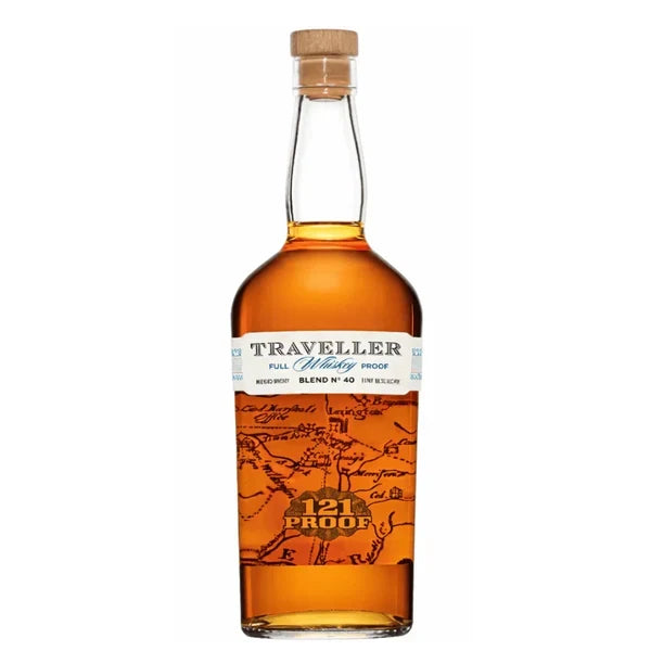 Load image into Gallery viewer, A bottle of The Traveller Whiskey’s Traveller Full Proof Whiskey 121 Proof By Chris Stapleton, a collaboration with Buffalo Trace, featuring map-inspired graphics and a wooden cap.
