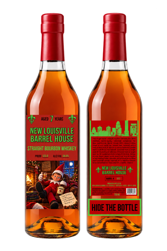 Front and back view of a New Louisville Hide the Bottle Christmas Edition 7 Year Bourbon 132.2 Proof bottle featuring an elf by a fireplace and the text Hide the Bottle.