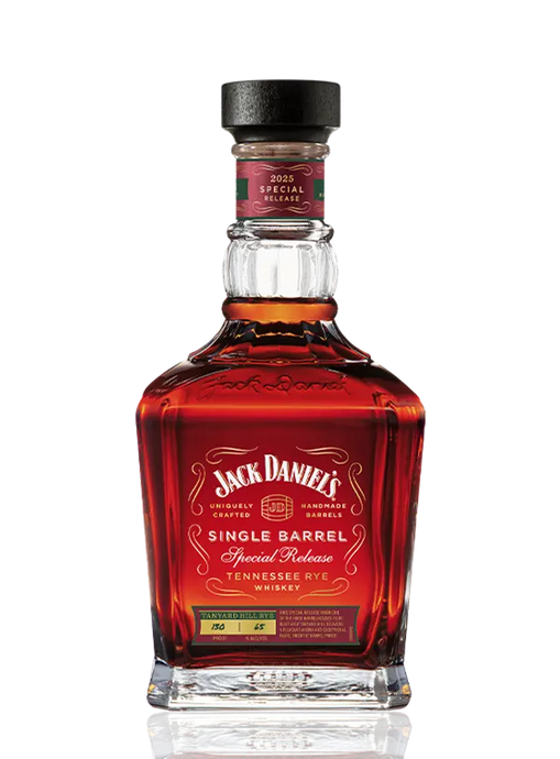 A bottle of Jack Daniel’s Single Barrel Tanyard Hill Rye 2025 Special Release, featuring dark amber whiskey in a square glass bottle with a black cap and an ornate red and gold label that highlights its high-proof Tennessee rye.