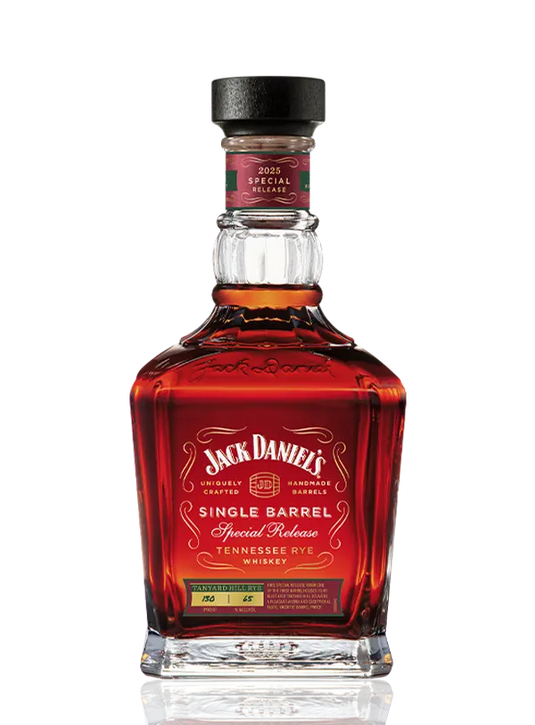 A bottle of Jack Daniel’s Single Barrel Tanyard Hill Rye 2025 Special Release, featuring dark amber whiskey in a square glass bottle with a black cap and an ornate red and gold label that highlights its high-proof Tennessee rye.