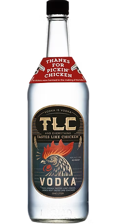 TLC Vodka Taste Like Chicken by TLC Vodka comes in a clear glass bottle with a chicken label and red “THANKS FOR PICKIN’ CHICKEN” tag. Enjoy smooth American corn vodka—order TLC Vodka Taste Like Chicken online today!.