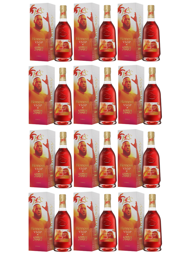 Load image into Gallery viewer, Fifteen Hennessy V.S.O.P x LeBron James Limited Edition Cognac bottles are arranged in front of their red and white boxes, which feature an illustration of a man pointing upward and anniversary graphics.
