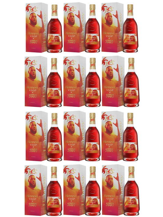 Fifteen Hennessy V.S.O.P x LeBron James Limited Edition Cognac bottles are arranged in front of their red and white boxes, which feature an illustration of a man pointing upward and anniversary graphics.