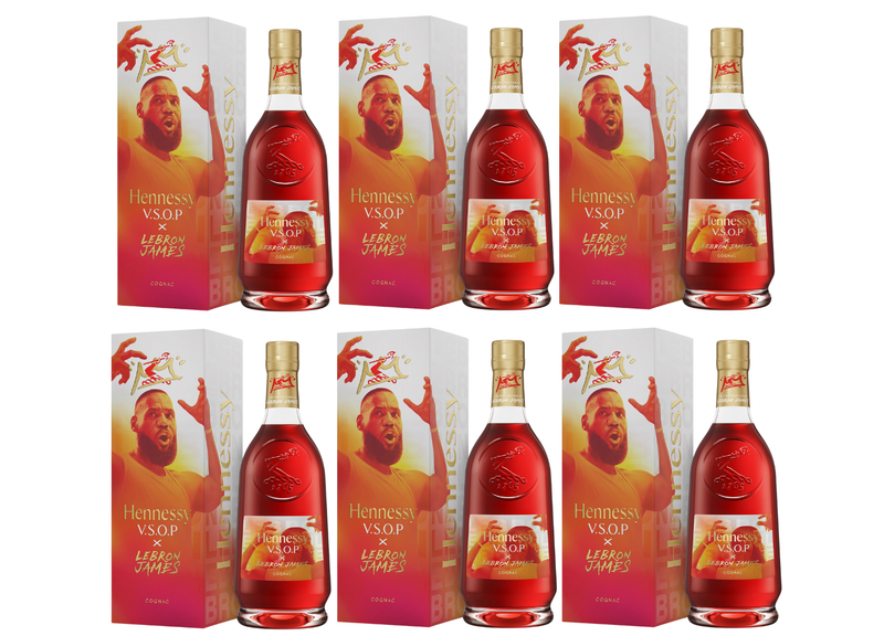 Load image into Gallery viewer, Eight bottles of Hennessy V.S.O.P x LeBron James Limited Edition Cognac, each boxed with a yellow-orange illustrated LeBron James portrait, celebrating the Hennessy collaboration.
