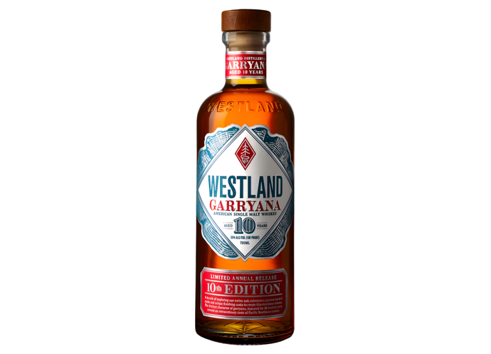 A 700ml bottle of Westland Garryana Edition 10 American Single Malt Whiskey features a red and silver label with blue geometric accents, “10th Edition,” “Limited Annual Release,” and spotlights its distinctive Garry oak influence.