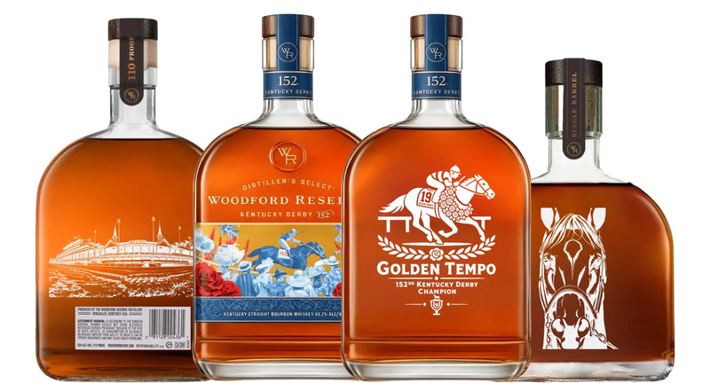 Load image into Gallery viewer, Woodford Reserve Derby Bundle: Kentucky Derby 152 Edition Golden Tempo, 110 Proof “The Elevated Proof,” Double Oaked Single Barrel Strength “BML” Barrel Pick - Main Street Liquor
