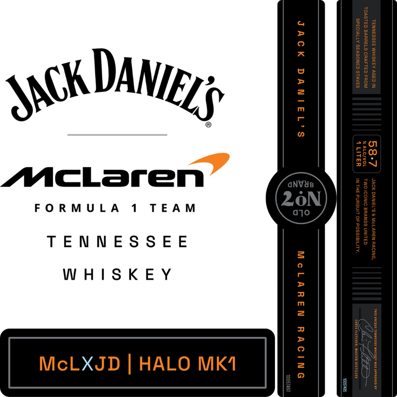 Load image into Gallery viewer, Jack Daniel’s X McLaren Halo Prestige Tennessee Whiskey Limited Edition 1L features co-branded design, “Tennessee Whiskey,” McLaren Racing and HALO MK1 references—a true Formula 1 collector’s item.
