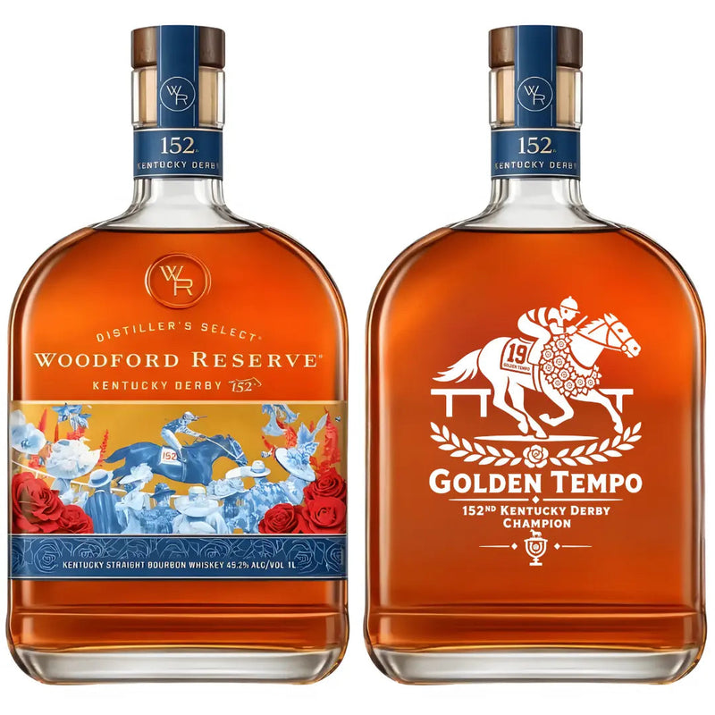 Load image into Gallery viewer, Woodford Reserve Derby Bundle: Kentucky Derby 152 Edition Golden Tempo, 110 Proof “The Elevated Proof,” Double Oaked Single Barrel Strength “BML” Barrel Pick - Main Street Liquor
