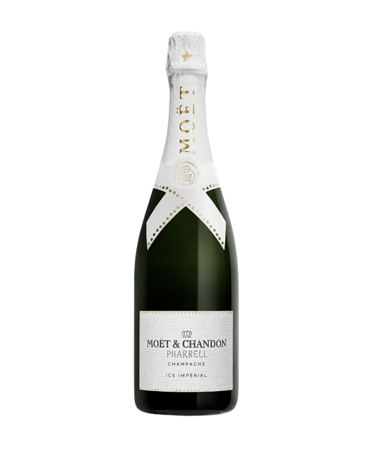 A bottle of Moët & Chandon x Pharrell Williams Ice Impérial Limited Edition Champagne, featuring a white and gold label with gold accents and a white neck wrap displaying the Moët & Chandon brand name and logo.