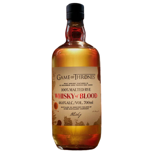 A 700mL bottle of Kyrö x Game of Thrones Whisky of Blood (46% ABV) from Kyro Distillery features a beige label with red and black text and a dark cap, making it a striking collectible for fans.