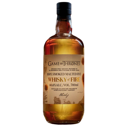 A 700mL bottle of Kyrö x Game of Thrones Whisky of Fire (PRE-ORDER) by Kyro Distillery, made from 100% smoked malted rye, 46.6% ABV, features brown liquid and a black cap.