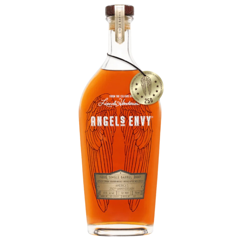 Load image into Gallery viewer, A collectible bottle of Angel’s Envy Single Barrel America’s 250th Anniversary Bourbon, with orange-brown whiskey, gold angel wings on the glass, and a round gold “250” tag—celebrating America’s milestone.
