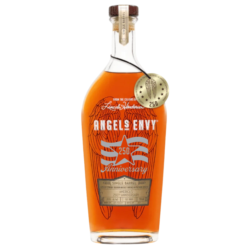 Load image into Gallery viewer, A collectible bottle of Angel’s Envy Single Barrel America’s 250th Anniversary Bourbon features orange whiskey, wing graphics, a “250th Anniversary” label, and a gold medallion around the neck. Limited edition from Angel's Envy.
