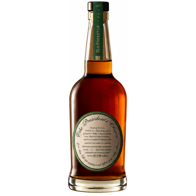 Load image into Gallery viewer, A bottle of Old Forester President's Choice Kentucky Straight Rye Whiskey 2026 (700mL) showcases amber liquid, a green and gold neck label, and a circular front label with elegant cursive script.
