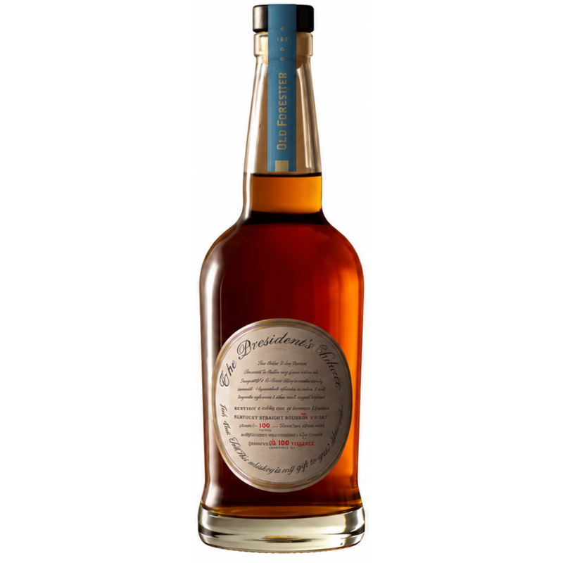 Load image into Gallery viewer, A bottle of Old Forester President's Choice Kentucky Straight Bourbon Whiskey 2026 700mL features amber liquid, a blue top seal, and an oval front label with the product's name and details from the Old Forester brand.

