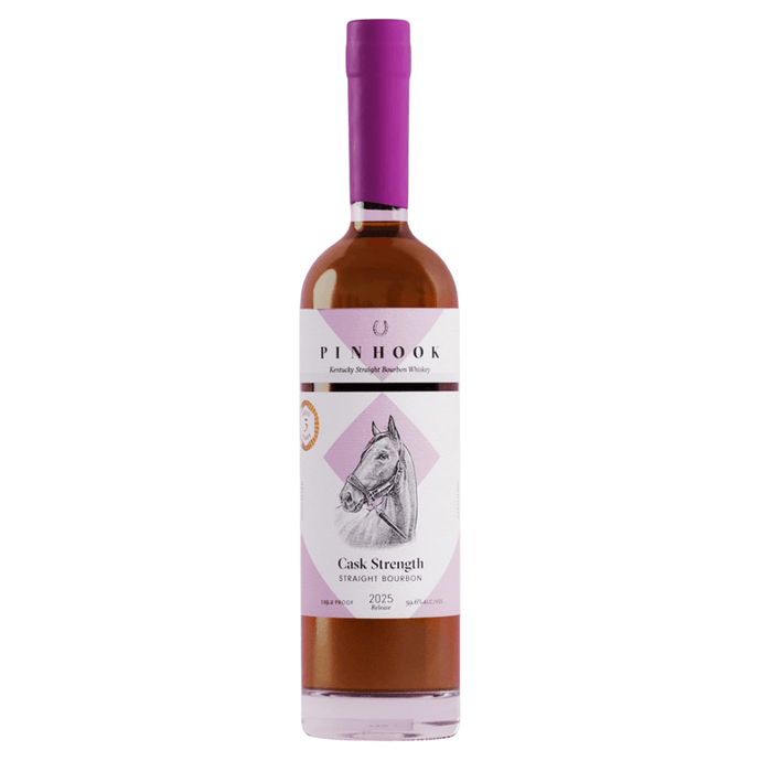 A bottle of Pinhook Bourbon 5 Year Cask Strength 2025 Release featuring a purple cap, white label with horse’s head illustration, and purple accents from Pinhook Bourbon.