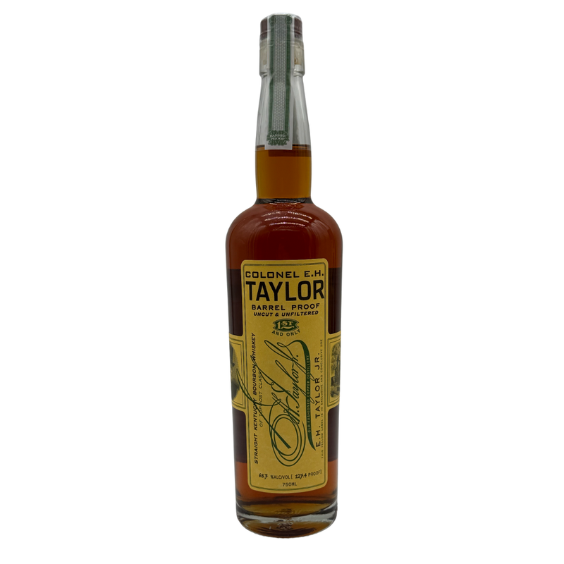 Load image into Gallery viewer, A bottle of Colonel E.H. Taylor, Jr. Barrel Proof Bourbon Batch 14 127.4 Proof stands upright on a white background, featuring a yellow label with black text and silver foil seal—crafted by the renowned Colonel E.H. Taylor brand.
