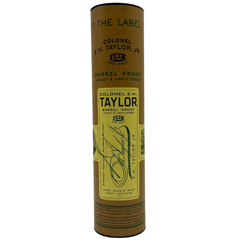 Load image into Gallery viewer, A cylindrical brown container with a yellow label for Colonel E.H. Taylor, Jr. Barrel Proof Bourbon Batch 14 127.4 Proof, showcasing the Colonel E.H. Taylor brand and product details.
