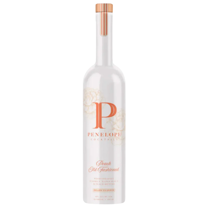 A tall white bottle with floral accents, a copper-toned cap, and elegant script displays Penelope Peach Old Fashioned by Penelope Bourbon—a ready-to-pour cocktail capturing the essence of their bourbon.