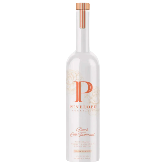 A tall white bottle with floral accents, a copper-toned cap, and elegant script displays Penelope Peach Old Fashioned by Penelope Bourbon—a ready-to-pour cocktail capturing the essence of their bourbon.
