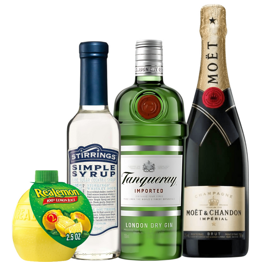 French 75 Cocktail Kit: Tanqueray London Dry Gin, Moët & Chandon Impérial Brut Champagne, Realemon Lemon Juice, Stirrings Simple Syrup 2 PACK
