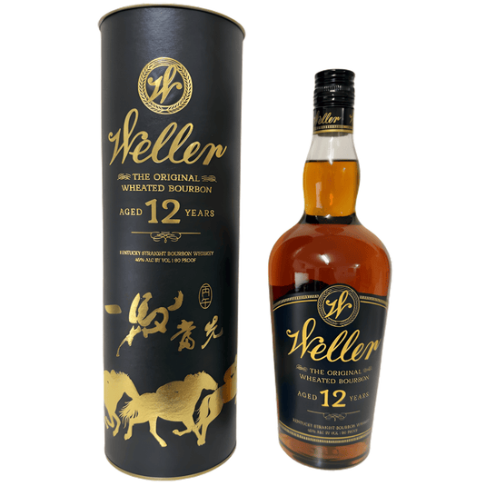 A bottle of Weller 12 Year Old Year of the Horse Limited Edition 750mL from Buffalo Trace stands by its black box, both featuring gold text and horse artwork—a striking bourbon choice for Lunar New Year celebrations.