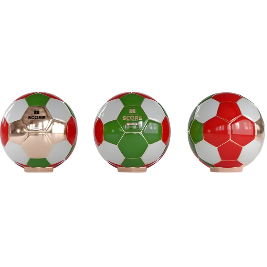 Three reflective soccer balls—red, green, white, and gold—are arranged side by side. The center ball is a Score Tequila Reposado 2026 Mexico Limited Edition Soccer Ball Bottle, a collectible from Score Tequila.
