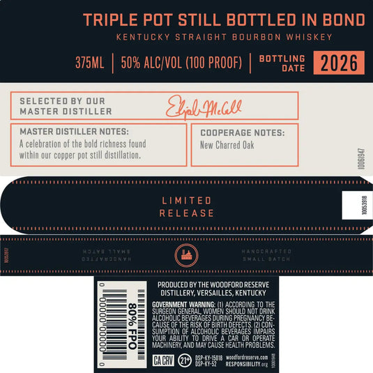 Woodford Reserve Triple Pot Still Bottled in Bond Bourbon 375mL - Main Street Liquor