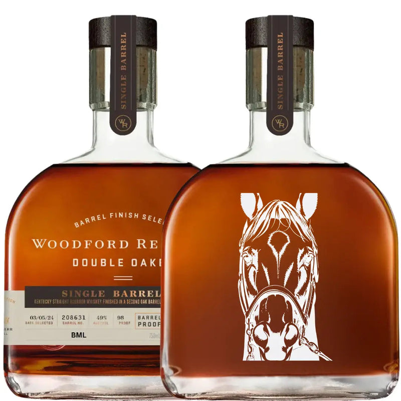 Load image into Gallery viewer, Two bottles of Woodford Reserve Derby Bundle: Kentucky Derby 152 Edition—one with the standard label, the other custom engraved with a horse head. Ideal for collectors of Woodford Reserve or Kentucky Derby bourbon.
