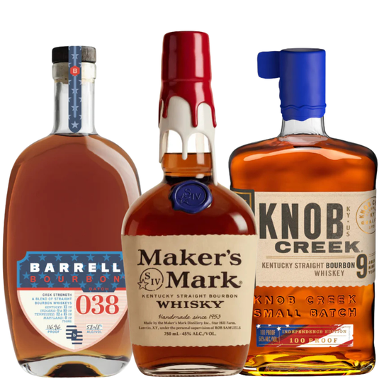 The America's 250th Anniversary Commemorative Bourbon Bundle (PRE-ORDER) from Main Street Liquor features Maker's Mark, Knob Creek, and Barrell Bourbon.
