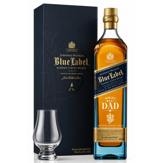 The Johnnie Walker Blue Label “World’s Best Dad” Gift Set with Glencairn Glass is displayed with its branded box—an elegant and thoughtful Father’s Day gift from Johnnie Walker against a crisp white background.