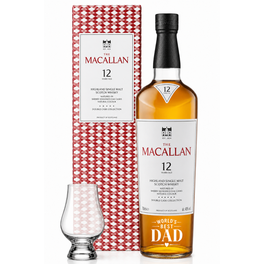 The Macallan Double Cask 12 Year “World’s Best Dad” Gift Set with Glencairn Glass—an ideal Father’s Day present, featuring a branded whisky and tasting glass in a red patterned box.