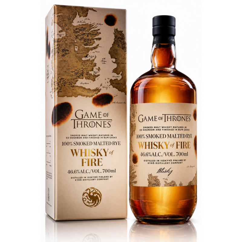 Load image into Gallery viewer, A 700mL bottle and box of Kyrö x Game of Thrones Whisky of Fire (PRE-ORDER) by Kyro Distillery, made with 100% smoked malted rye (46.6% ABV), features a burnt parchment design with a dragon—perfect for true fans.

