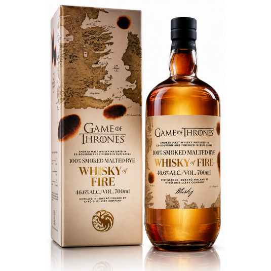 A 700mL bottle and box of Kyrö x Game of Thrones Whisky of Fire (PRE-ORDER) by Kyro Distillery, made with 100% smoked malted rye (46.6% ABV), features a burnt parchment design with a dragon—perfect for true fans.