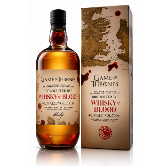 Pre-order the Kyrö x Game of Thrones Whisky of Blood 700mL from Kyro Distillery—a collectible 100% Finnish rye whisky (46% ABV), featuring a red wax seal, blood-splatter art, and the Targaryen sigil. Comes boxed and bottled.