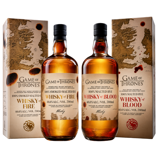 The Kyrö x Game of Thrones Whisky of Fire & Blood Bundle (PRE-ORDER) from Main Street Liquor features two bottles with matching map-and-sigil boxes—a dramatic set perfect for any fan and inspired by Finnish rye whisky tradition.