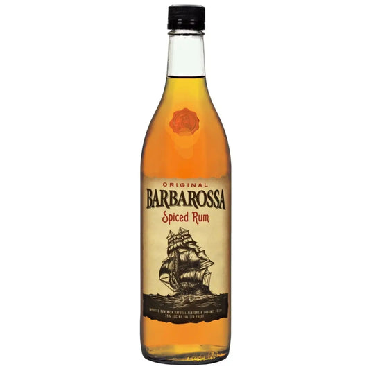 A clear 1L bottle of Barbarossa Spiced Rum, a popular choice for cocktails from the brand Barbarossa, showcases a bold ship illustration on the label and an orange wax seal design near the top. The amber-hued spiced rum inside stands out visually.