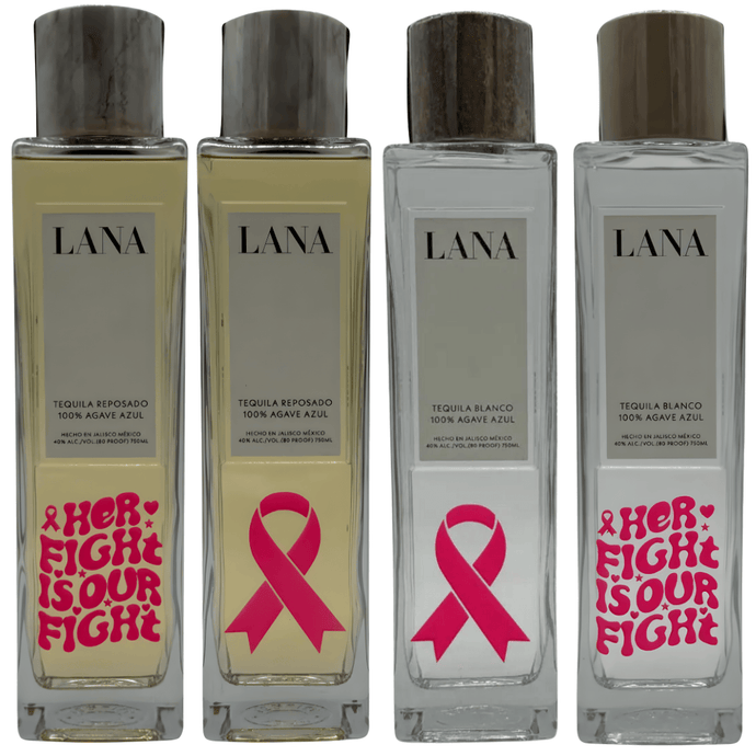 Four Lana Tequila Breast Cancer Awareness Limited Edition bottles—100% Agave Azul Reposado and Blanco—stand in a row, each with pink ribbons and 