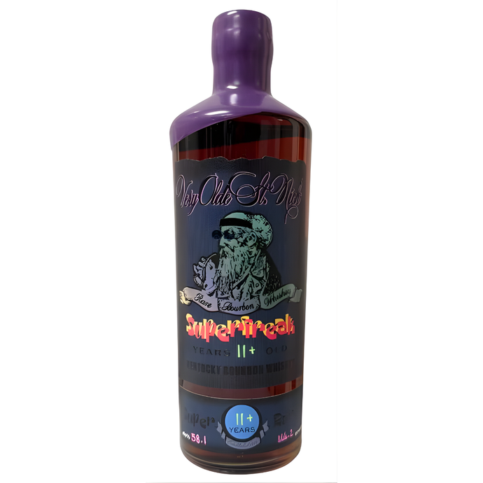 A bottle of Olde St. Nick’s Very Olde St. Nick Superfreak 11+ Year Kentucky Straight Bourbon Whiskey with a purple wax seal and a label showing a bearded figure in sunglasses and a hat.