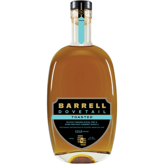 A 123.4-proof bottle of Barrell Craft Spirits’ Barrell Dovetail Toasted Black Label Series Whiskey, a limited release with a clear label and black-teal accents, detailing finishing in rum, port, and cabernet barrels.