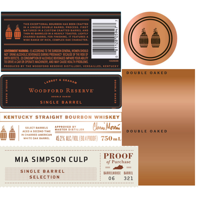 Woodford Reserve Double Oaked Single Barrel Mia Simpson Culp Selection labels feature copper, black, and cream hues with barrel imagery, Kentucky straight bourbon info, proof, and Mia Simpson Culp as the selector.