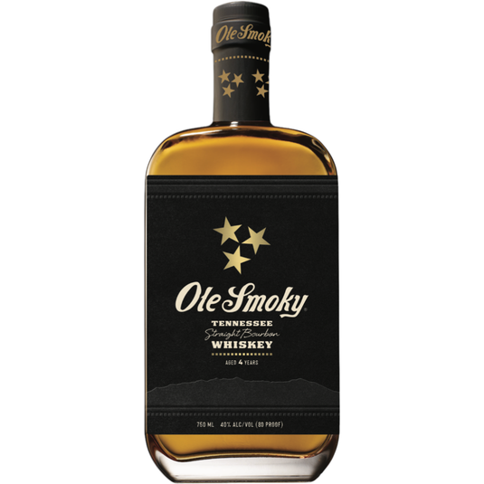 A 750 mL bottle of Ole Smoky Tennessee Straight Bourbon Whiskey, 40% ABV, aged 4 years. Features a black label with three stars and gold lettering. Brand: Ole Smoky.