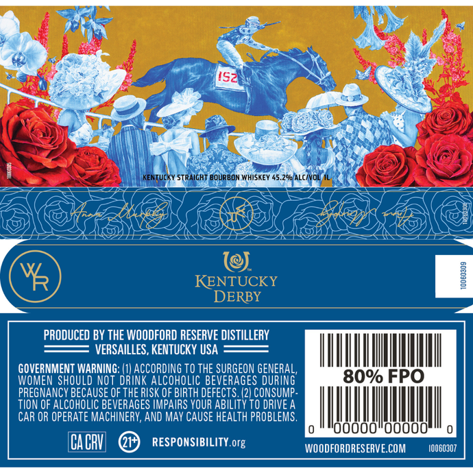 The Woodford Reserve Kentucky Derby 152 Edition 1L whiskey label features red roses, blue and white horses with jockeys, stylized leaves, and the Woodford Reserve logo. Text includes a government warning, barcode, and 80% FPO box.