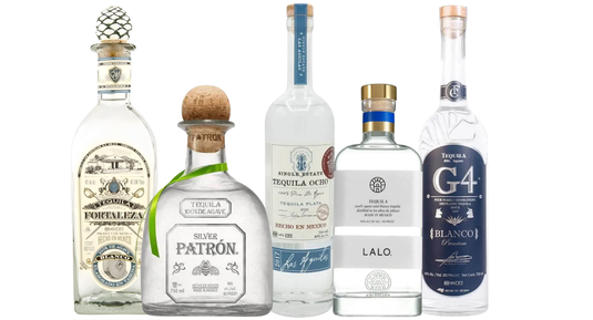 Main Street Liquor's Additive-Free Blanco Tequila Bundle showcases five 100% agave bottles—Tequila Ocho, Fortaleza, G4, Patrón, and Lalo— with unique labels and shapes displayed in a row against a white background.
