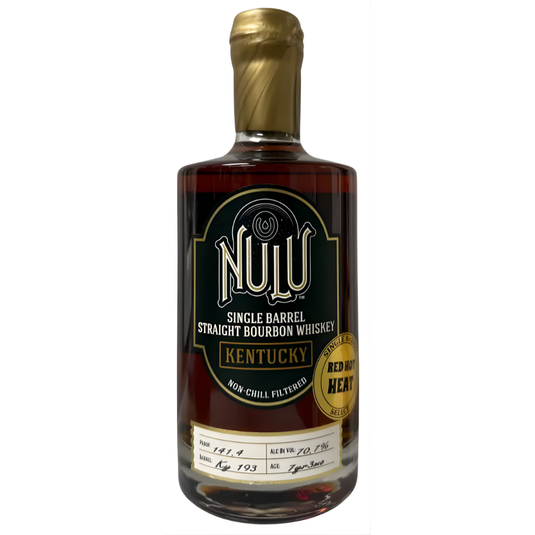 A bottle of Nulu Single Barrel Straight Bourbon Whiskey 'Red Hot Heat' Hazmat 141.4 Proof with gold cap, black label, Non-Chill Filtered, barrel strength, and handwritten batch and proof on a sticker near the bottom.